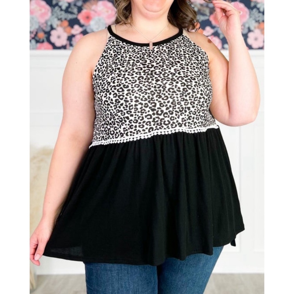 Filly Flair black & leopard print color block sleeveless babydoll top